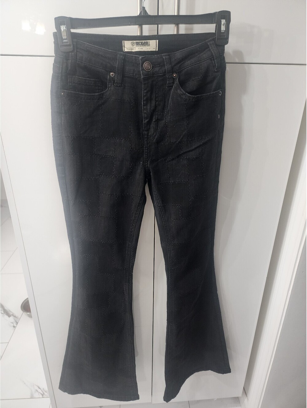 Rock & Roll Denim High Rise Flare Jeans in Black with Patchwork Detail, Size W27